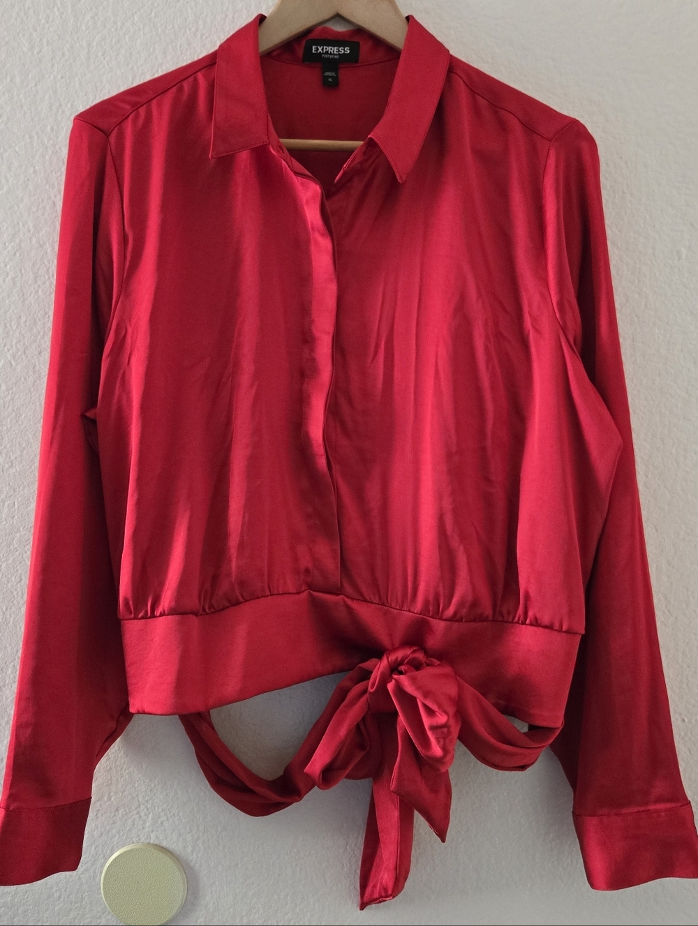 Express Vibrant Red Satin Tie-Waist Button Down Shirt